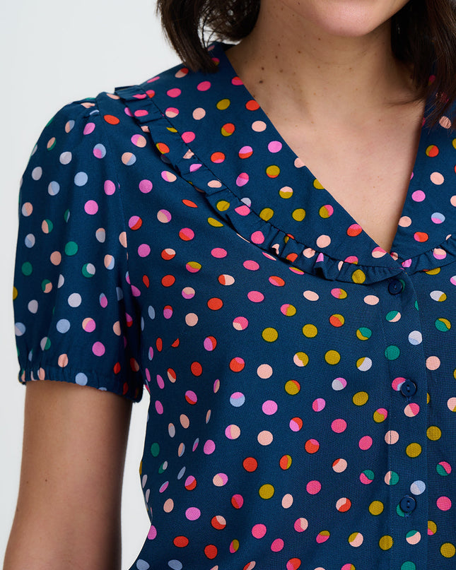 Elaine Frill Blouse - Petrol Navy, Rainbow Marbles