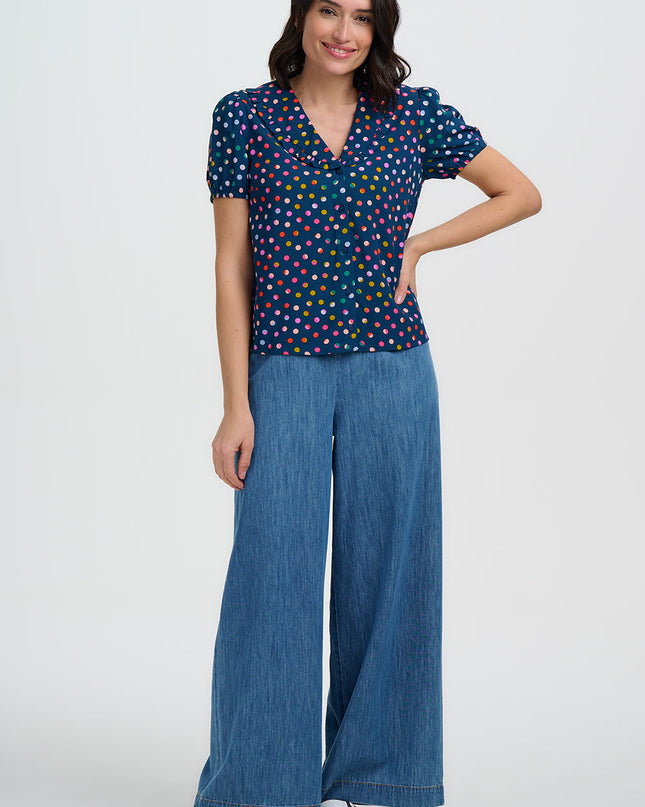 Elaine Frill Blouse - Petrol Navy, Rainbow Marbles