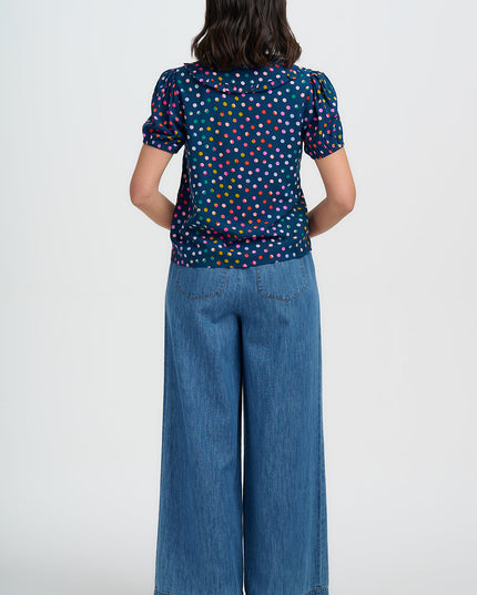 Elaine Frill Blouse - Petrol Navy, Rainbow Marbles