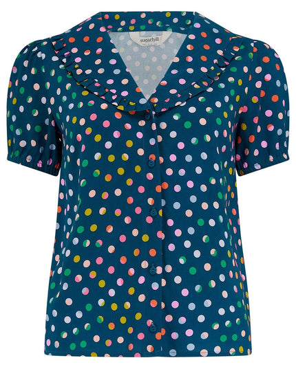 Elaine Frill Blouse - Petrol Navy, Rainbow Marbles