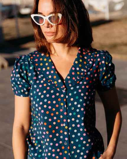 Elaine Frill Blouse - Petrol Navy, Rainbow Marbles