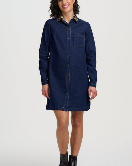 Ilsa Mini Shirt Dress - Indigo Denim Leopard Collar