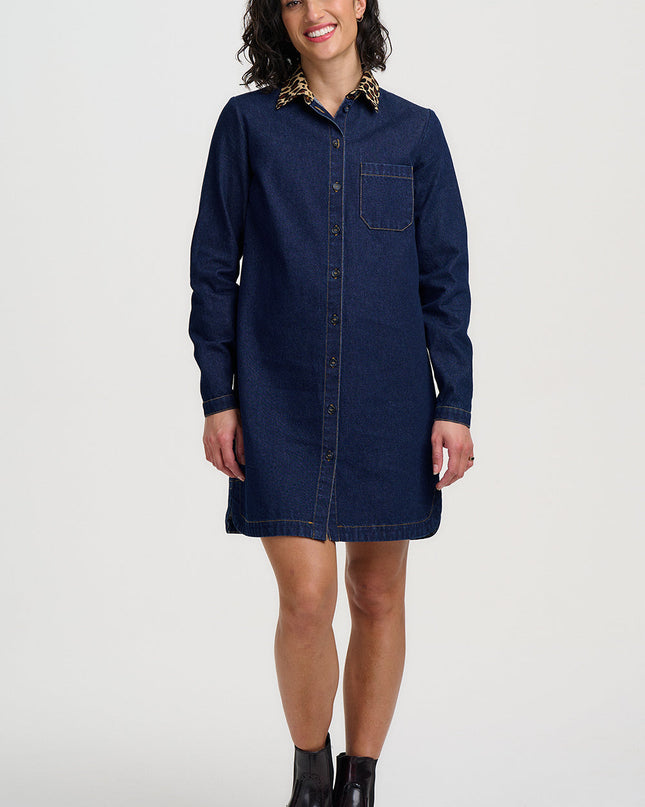 Ilsa Mini Shirt Dress - Indigo Denim Leopard Collar