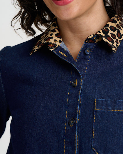 Ilsa Mini Shirt Dress - Indigo Denim Leopard Collar