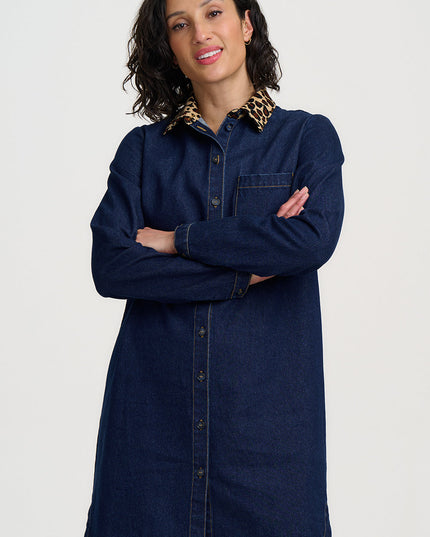 Ilsa Mini Shirt Dress - Indigo Denim Leopard Collar