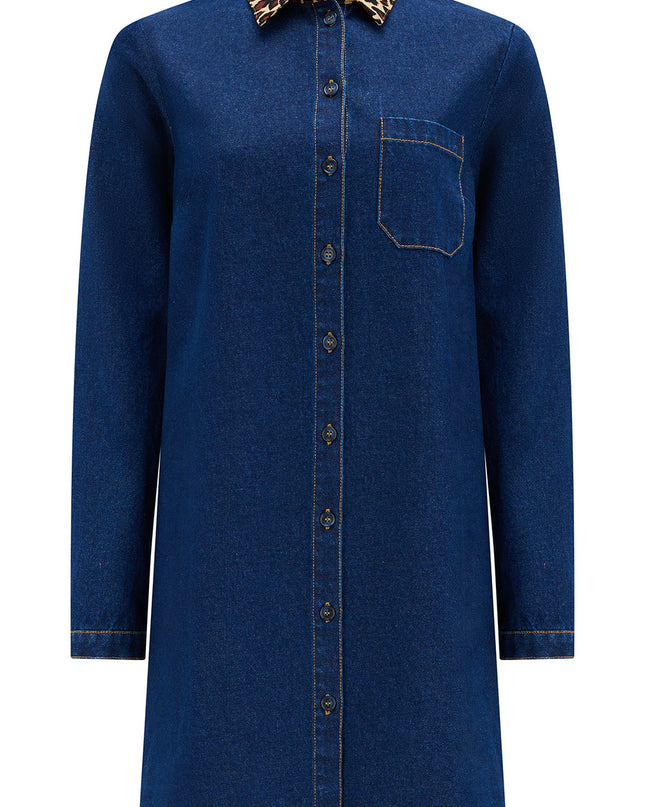 Ilsa Mini Shirt Dress - Indigo Denim Leopard Collar