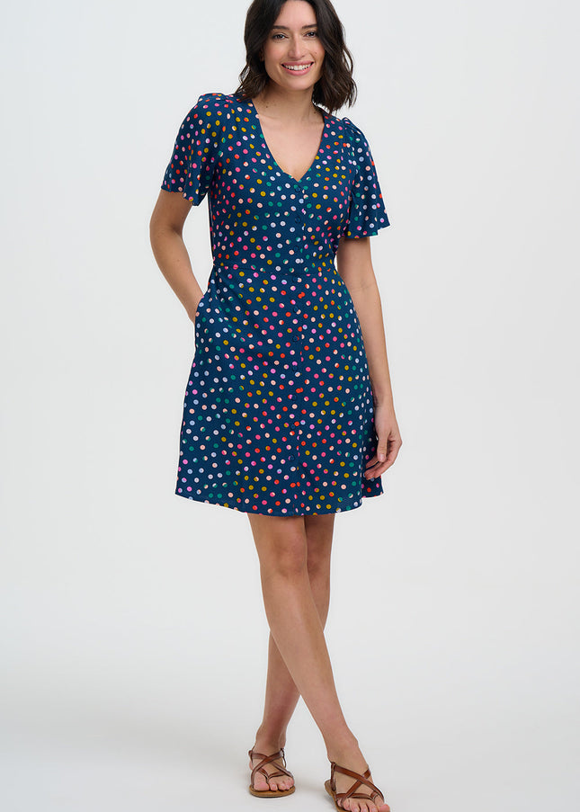 Kari Mini Dress - Petrol Navy, Rainbow Marbles
