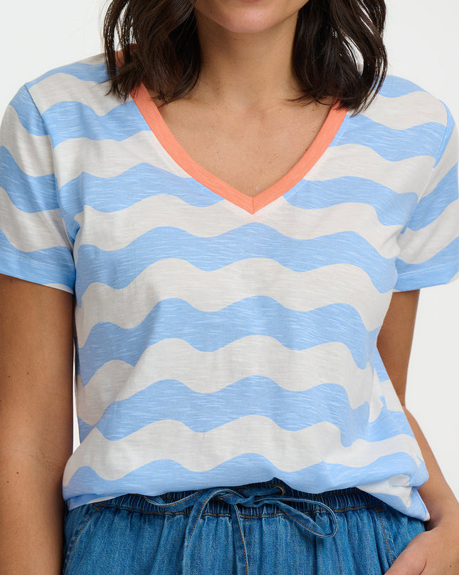 Khloe V-Neck T-Shirt Waves - Off White/Blue, Surf Waves