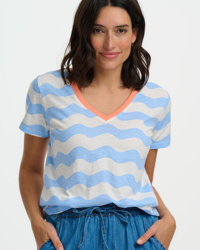 Khloe V-Neck T-Shirt Waves - Off White/Blue, Surf Waves