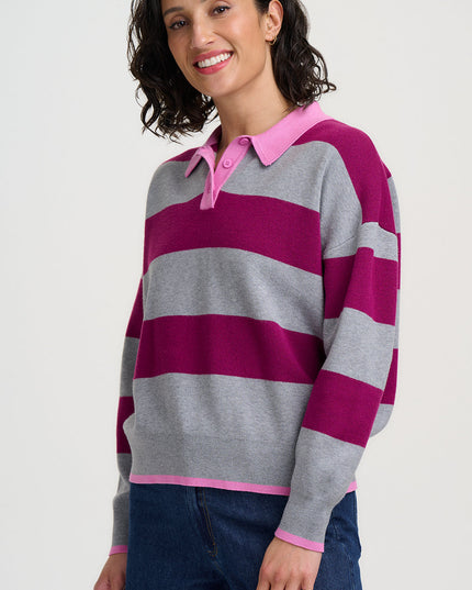 Lana Henley Jumper - Grey Marl/Dark Magenta