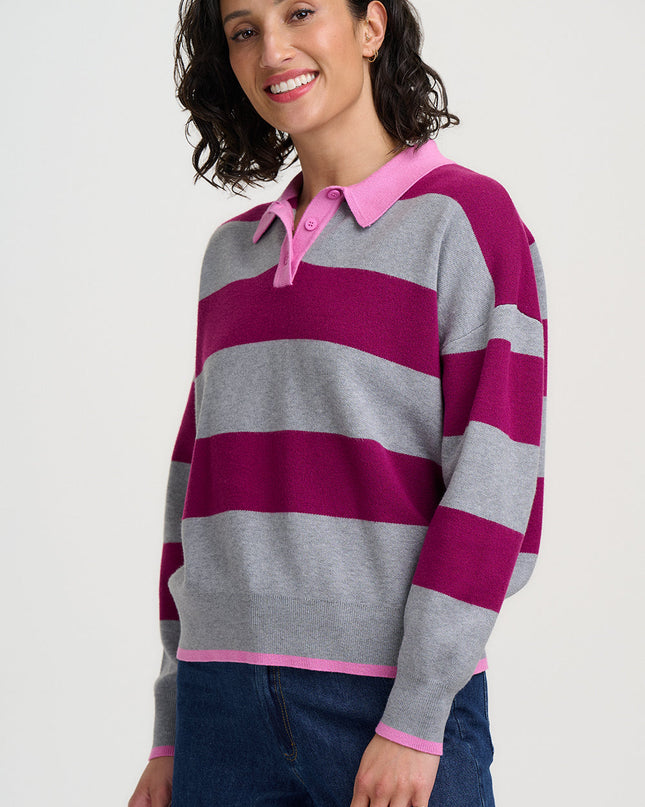 Lana Henley Jumper - Grey Marl/Dark Magenta