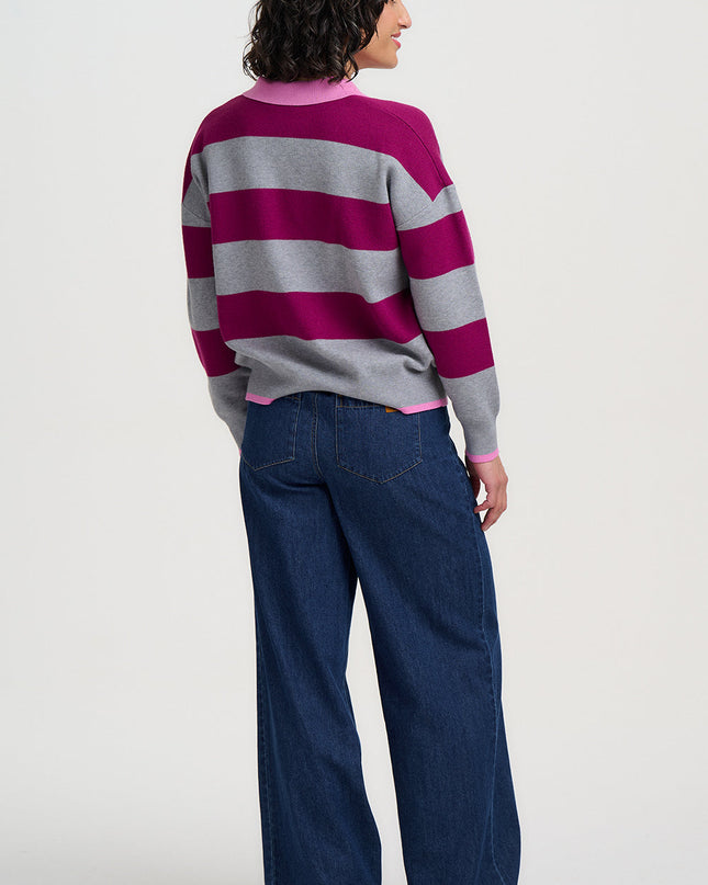 Lana Henley Jumper - Grey Marl/Dark Magenta