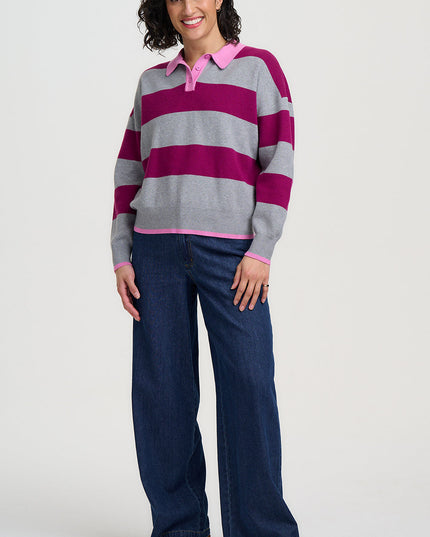 Lana Henley Jumper - Grey Marl/Dark Magenta