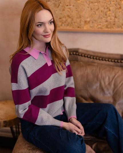 Lana Henley Jumper - Grey Marl/Dark Magenta