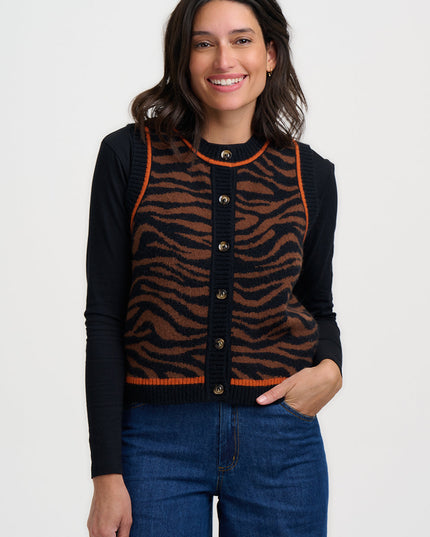 Natalie Knitted Waistcoat - Brown/Black, Tiger Print