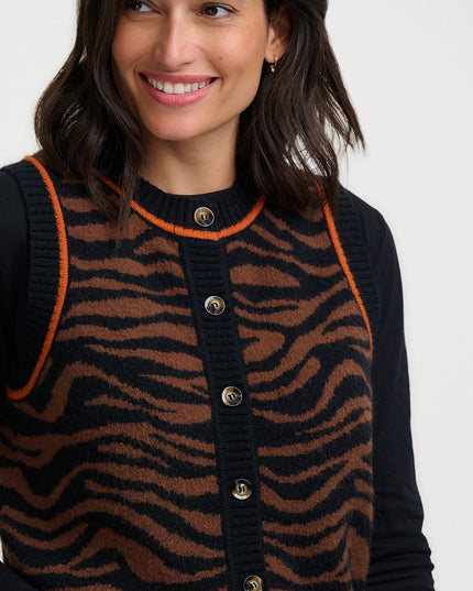 Natalie Knitted Waistcoat - Brown/Black, Tiger Print