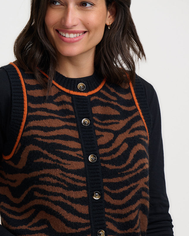 Natalie Knitted Waistcoat - Brown/Black, Tiger Print