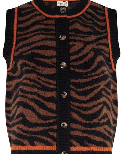 Natalie Knitted Waistcoat - Brown/Black, Tiger Print