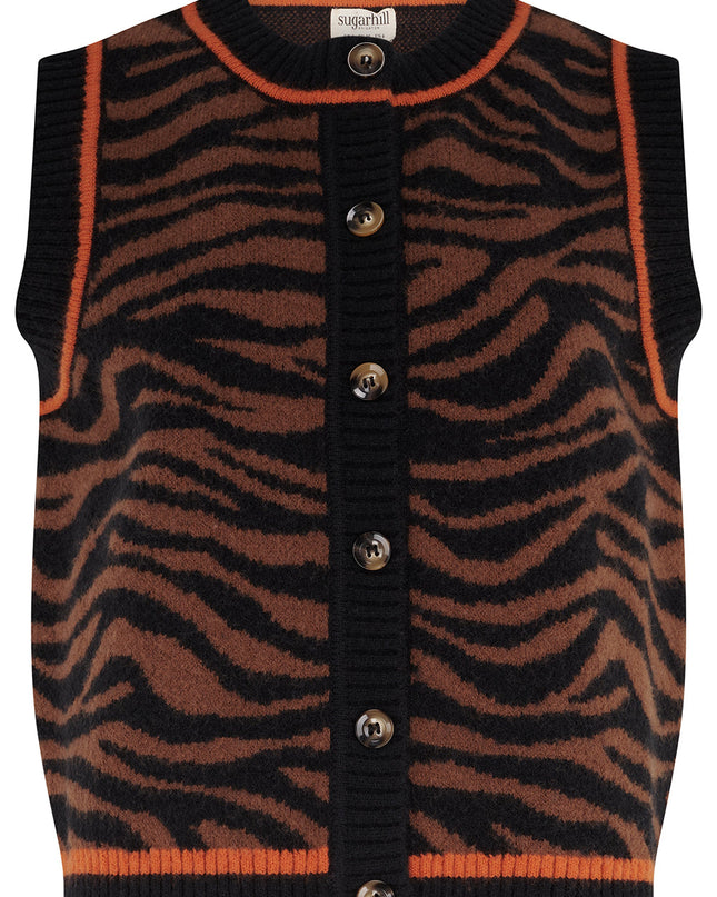 Natalie Knitted Waistcoat - Brown/Black, Tiger Print
