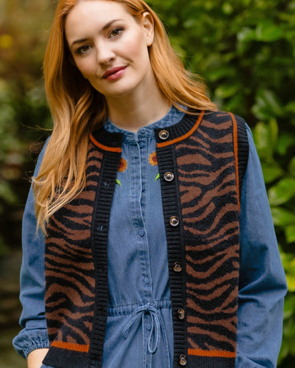 Natalie Knitted Waistcoat - Brown/Black, Tiger Print