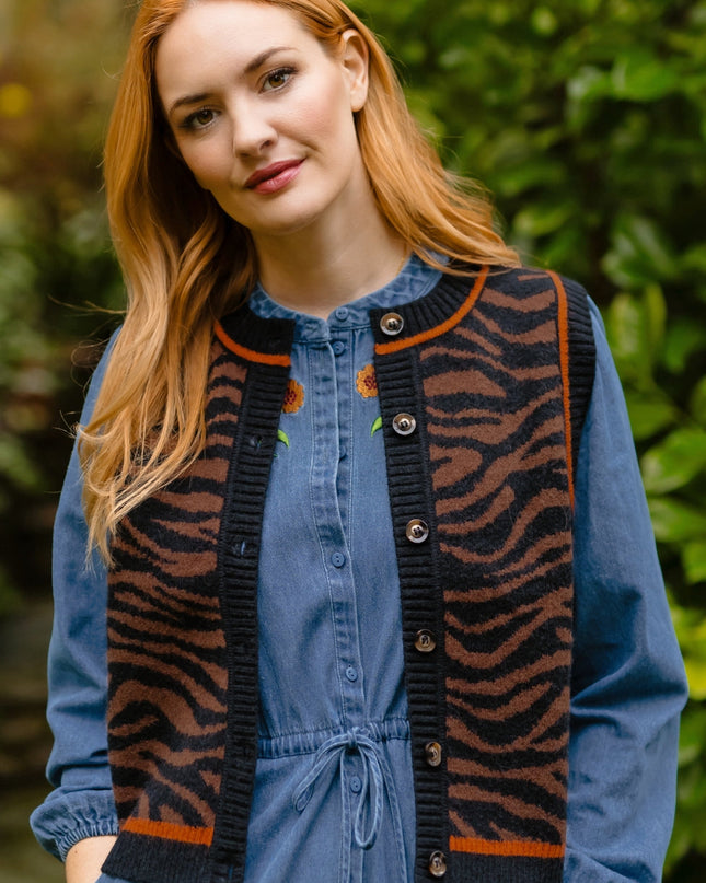 Natalie Knitted Waistcoat - Brown/Black, Tiger Print