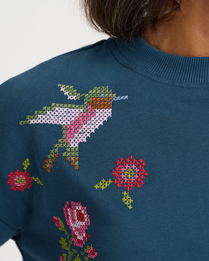 Noah Sweatshirt - Teal, Cross Stitch Hummingbird