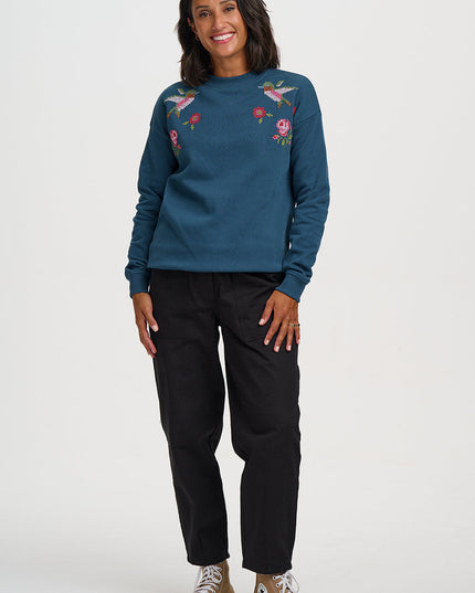 Noah Sweatshirt - Teal, Cross Stitch Hummingbird