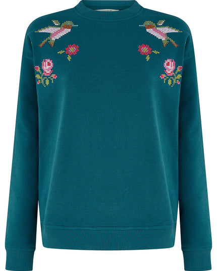 Noah Sweatshirt - Teal, Cross Stitch Hummingbird