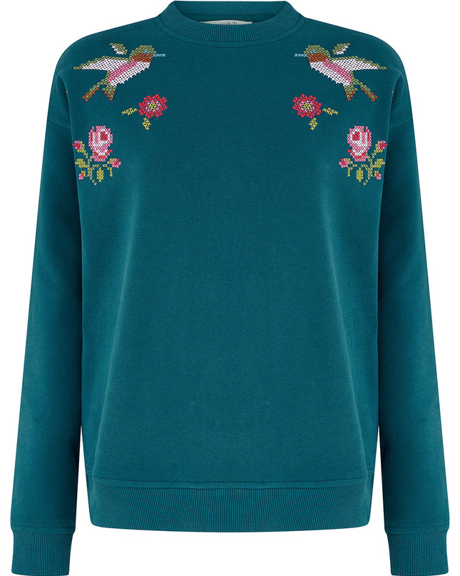 Noah Sweatshirt - Teal, Cross Stitch Hummingbird