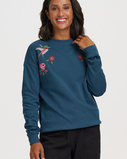 Noah Sweatshirt - Teal, Cross Stitch Hummingbird
