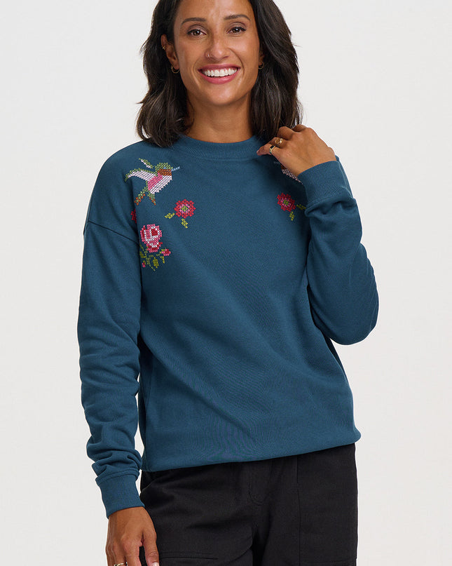 Noah Sweatshirt - Teal, Cross Stitch Hummingbird