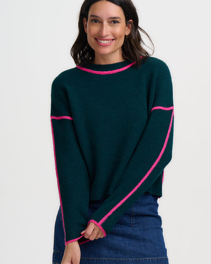 Rosalie Jumper - Dark Jade Green, Hot Pink Trim
