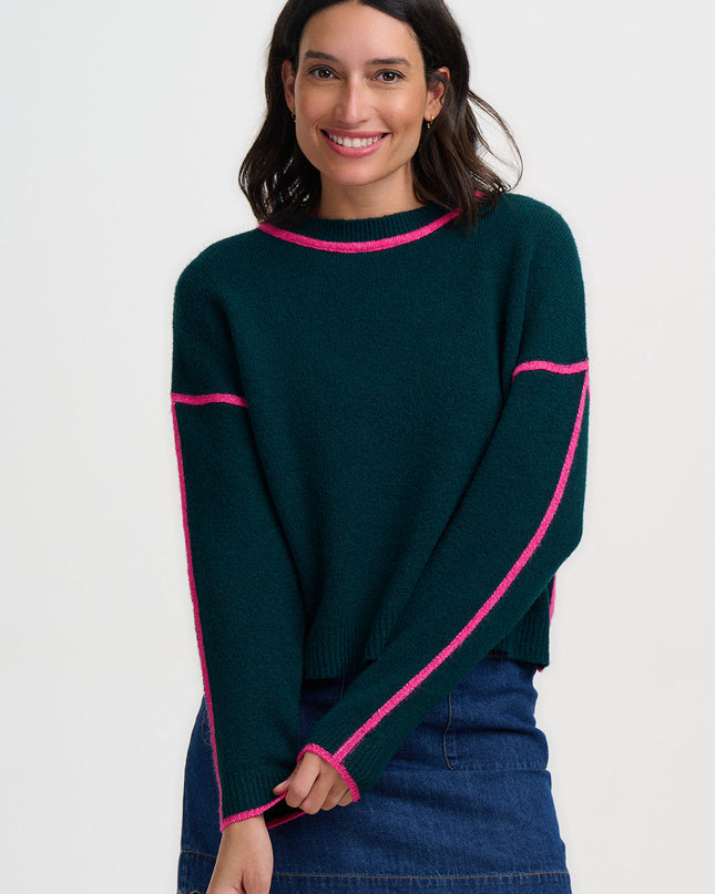 Rosalie Jumper - Dark Jade Green, Hot Pink Trim
