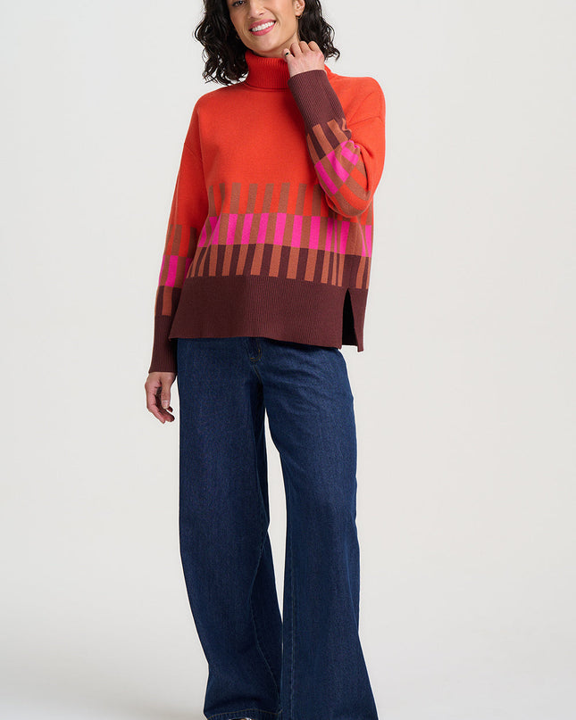 Serita Roll Neck Jumper - Orange, Section Stripes