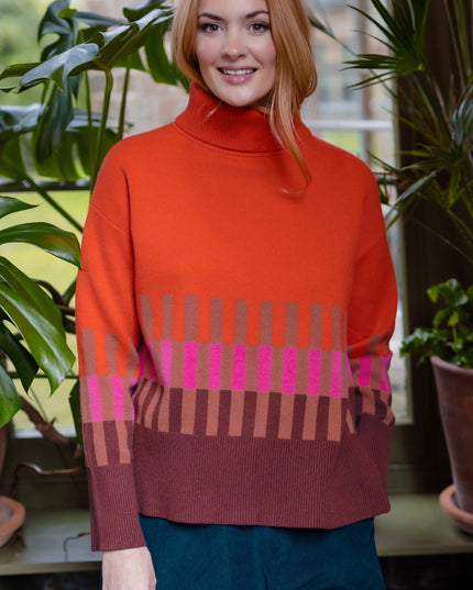 Serita Roll Neck Jumper - Orange, Section Stripes