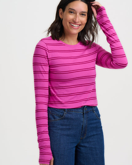 Trista Jersey Thumbhole Top - Pink / Dark Mauve Striped