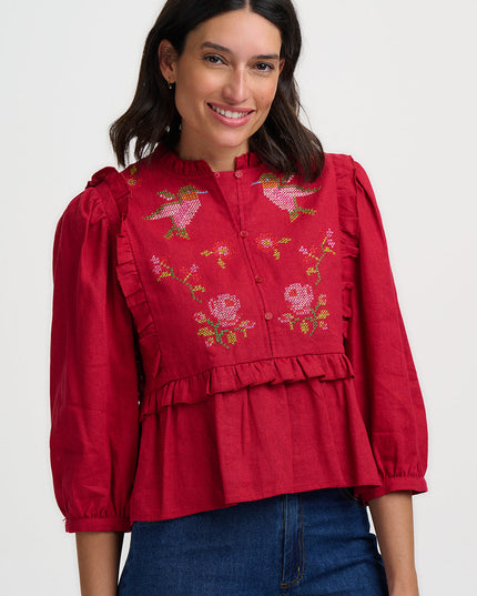 Wilhelmina Frill Blouse - Scarlet Red, Hummingbird Roses