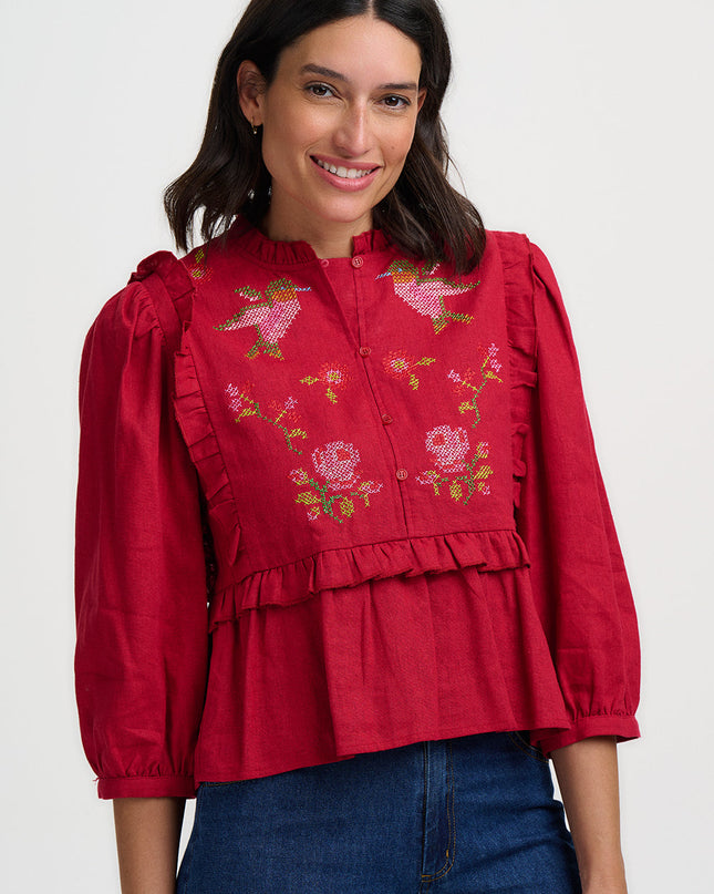 Wilhelmina Frill Blouse - Scarlet Red, Hummingbird Roses