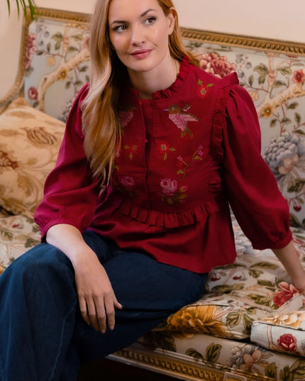 Wilhelmina Frill Blouse - Scarlet Red, Hummingbird Roses