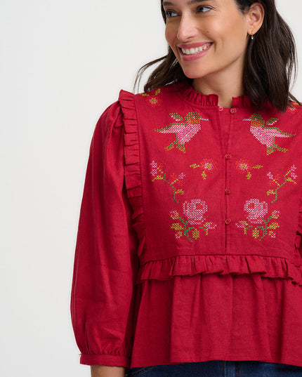 Wilhelmina Frill Blouse - Scarlet Red, Hummingbird Roses
