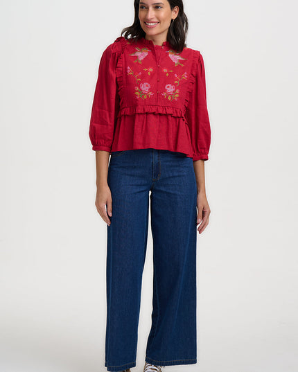 Wilhelmina Frill Blouse - Scarlet Red, Hummingbird Roses