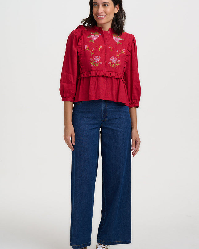 Wilhelmina Frill Blouse - Scarlet Red, Hummingbird Roses