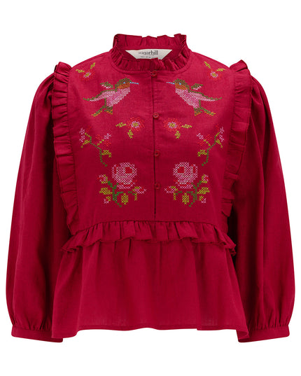 Wilhelmina Frill Blouse - Scarlet Red, Hummingbird Roses