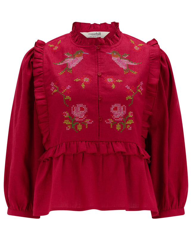 Wilhelmina Frill Blouse - Scarlet Red, Hummingbird Roses