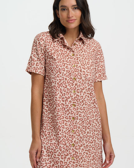 Zoe Mini Shirt Dress - Stone, Classic Leopard