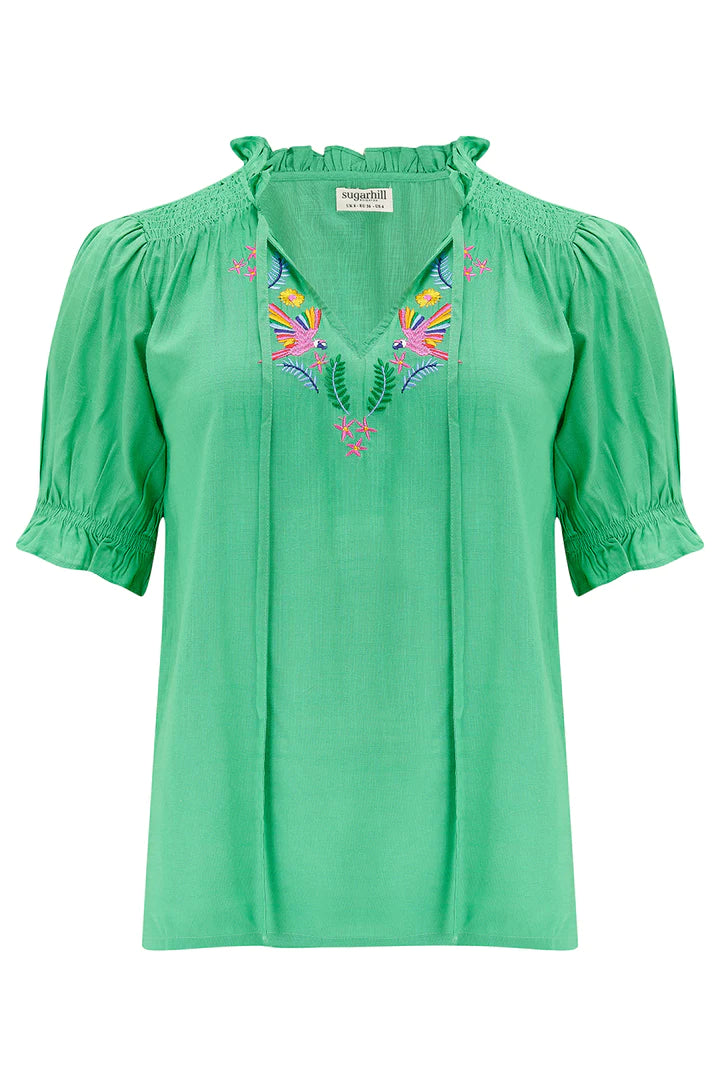 Angelique Shirred Top - Green, Rainbow Parrots Embroidery