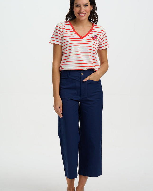 Khloe V-Neck T-Shirt - Red/Off White Stripe, Strawberry