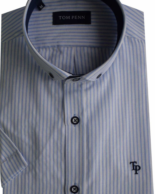 Tom Penn Short Sleeved Oxford Striped Shirt in Sky