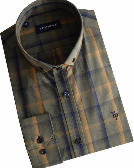 Tom Penn Checked Shirt in Khaki