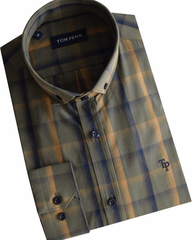 Tom Penn Checked Shirt in Khaki